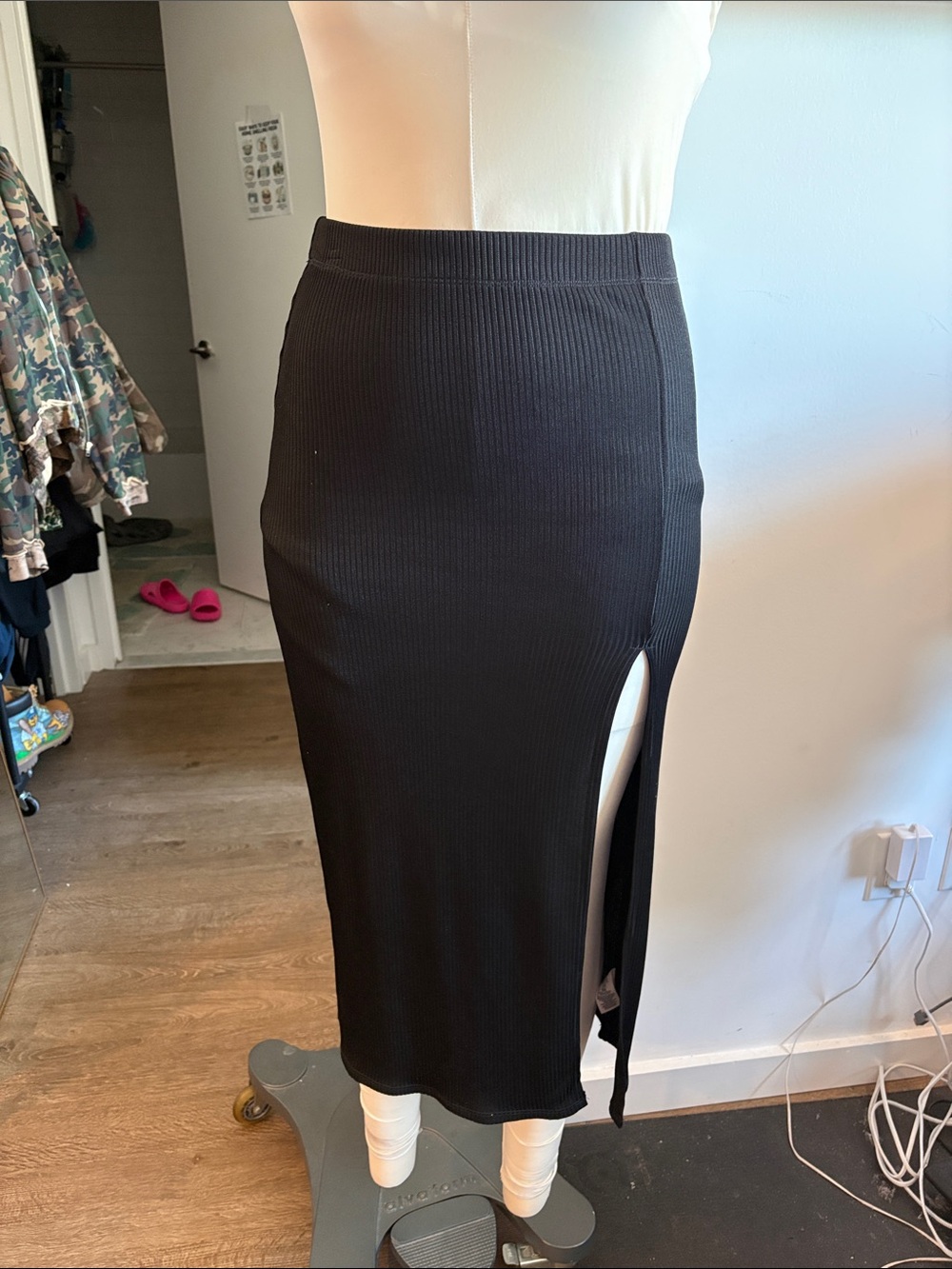 Free People Black Ribbed Midi Skirt with Side Slit